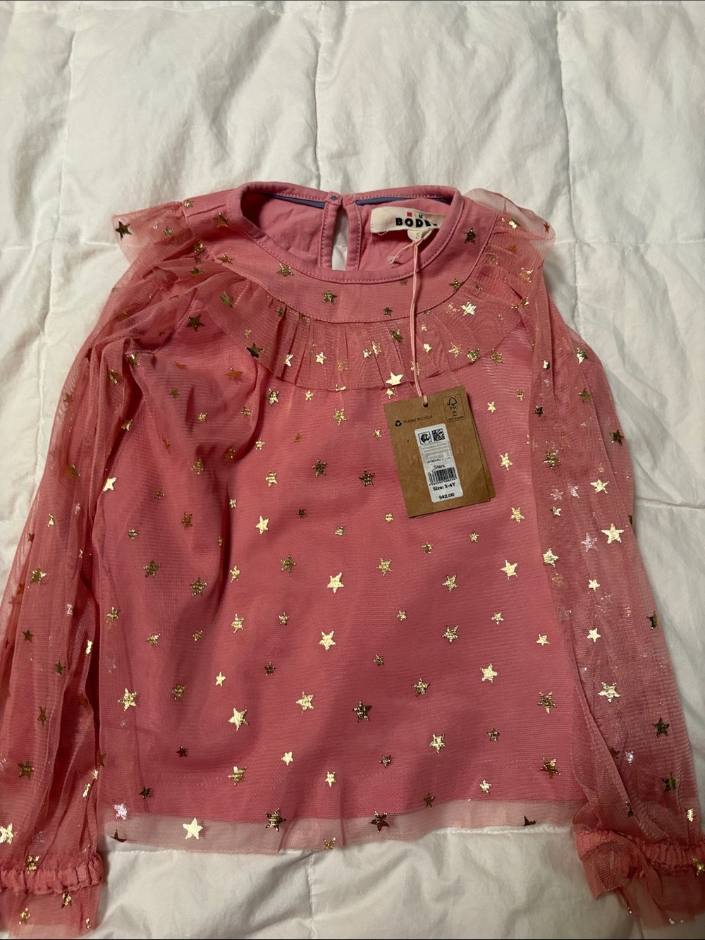Mini Boden Pink Mesh Long Sleeve Top with Gold Stars